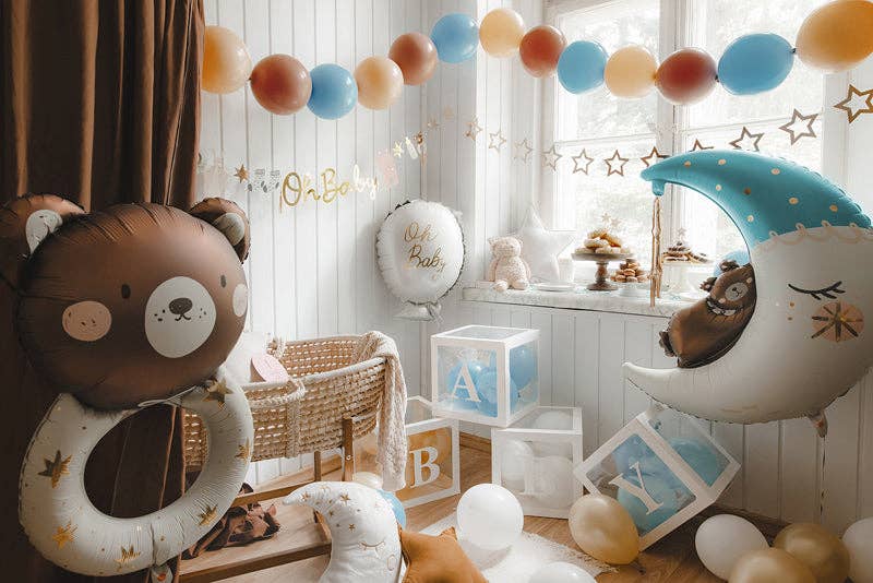 Teddy Bear on the Moon Foil Balloon - Light Blue & Gold Tassel | 28x34 Inches