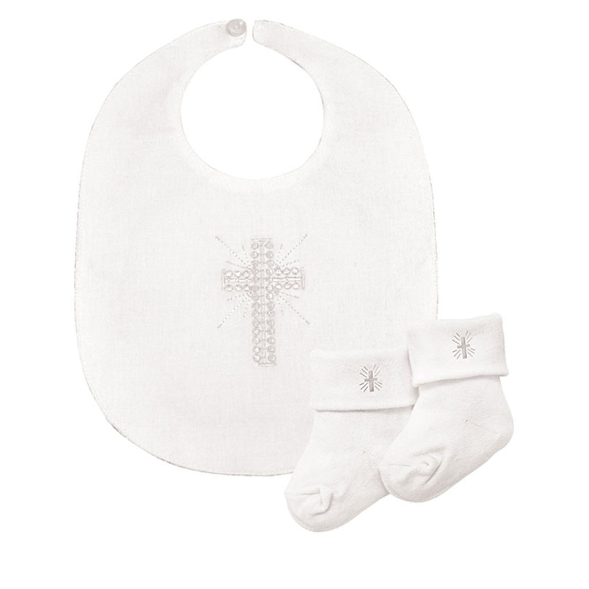 Embroidered Cross Bib & Lace Sock Set: 6-12 Months
