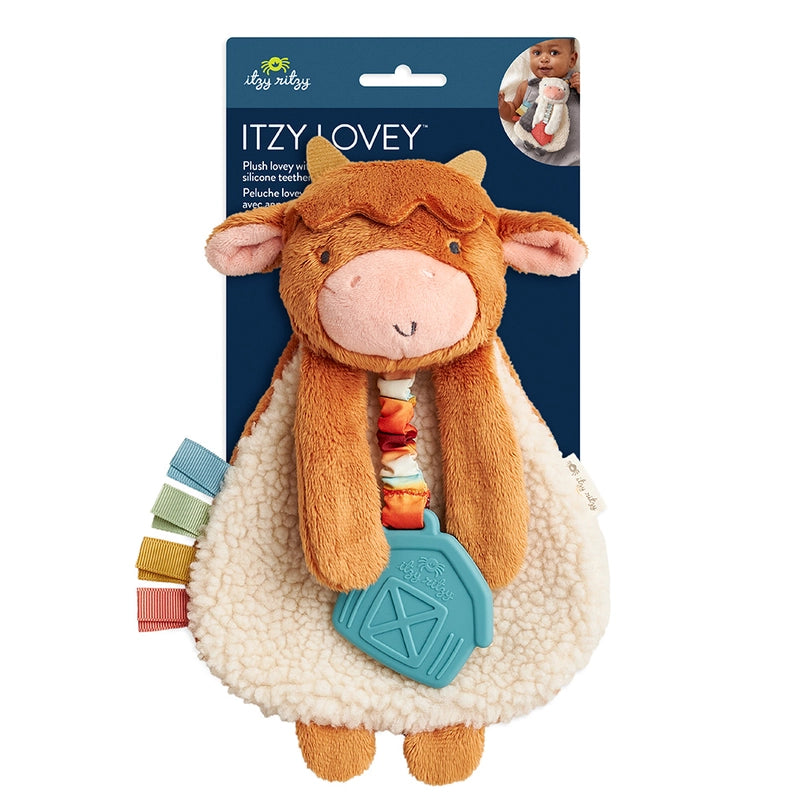Sherpa-fabric highland cow lovey with crinkle limbs, silicone textured teether, and tactile ribbons. Engages babies' auditory, tactile, and oral sensory exploration through squeezable sounds and gum-soothing textures.