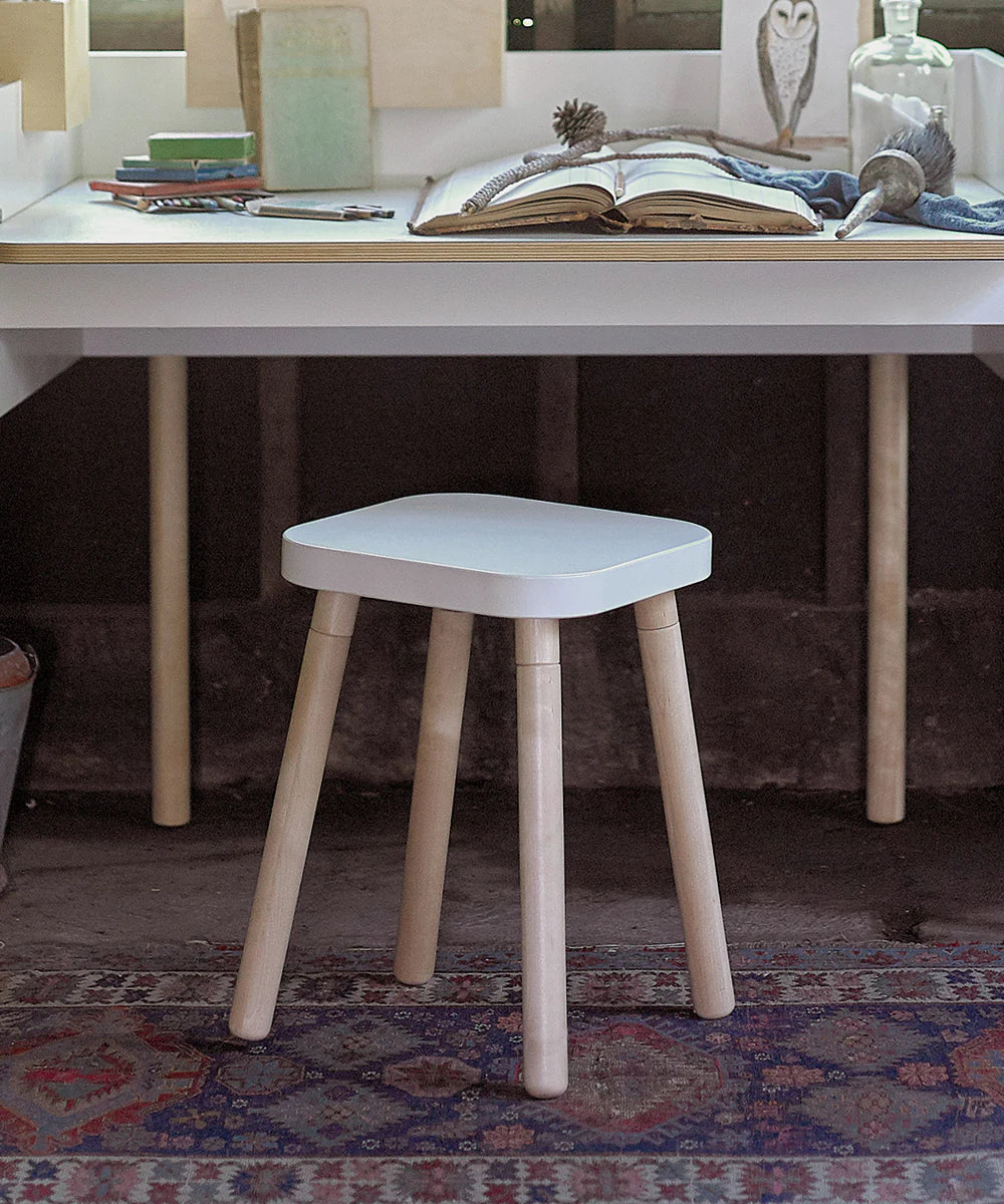 Square stool with sturdy wooden design, versatile seating for kids' rooms or play areas