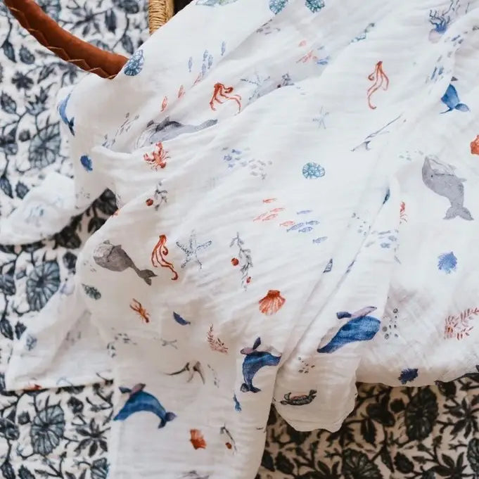 Wild Life Swaddles, Certified Organic Cotton Muslin, Single Under The Sea