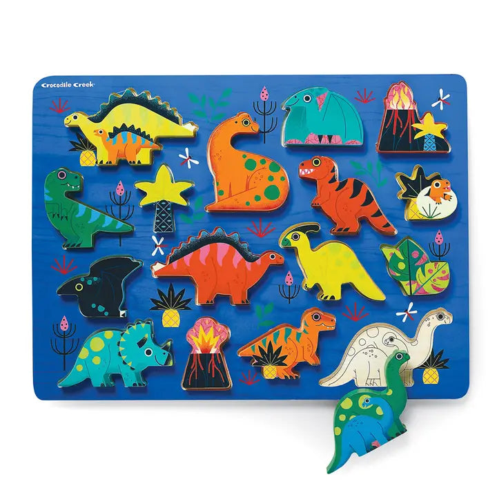  16-piece wooden dinosaur puzzle for kids with colorful prehistoric design