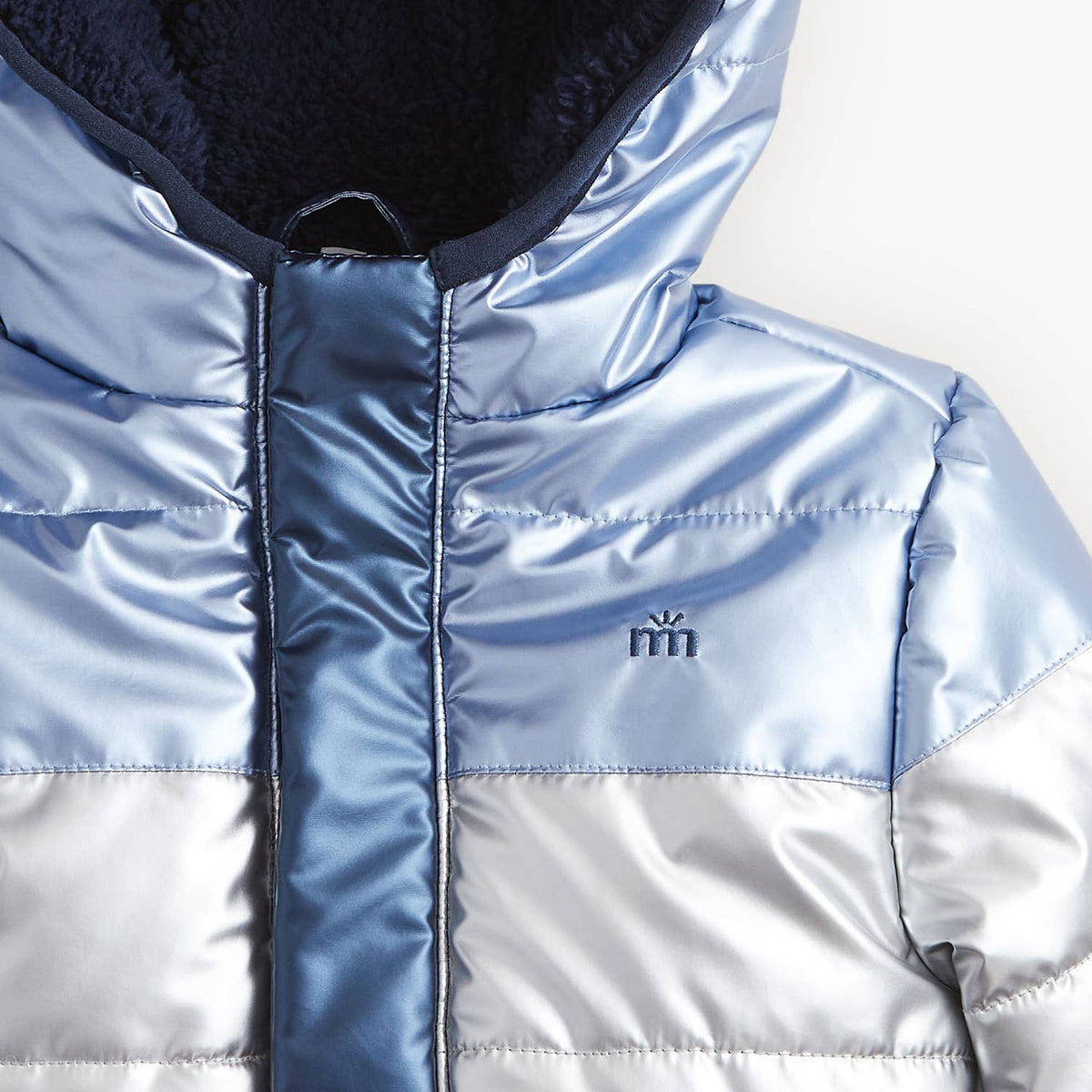 BLUE COLORBLOCK METALLIC PUFFER JACKET