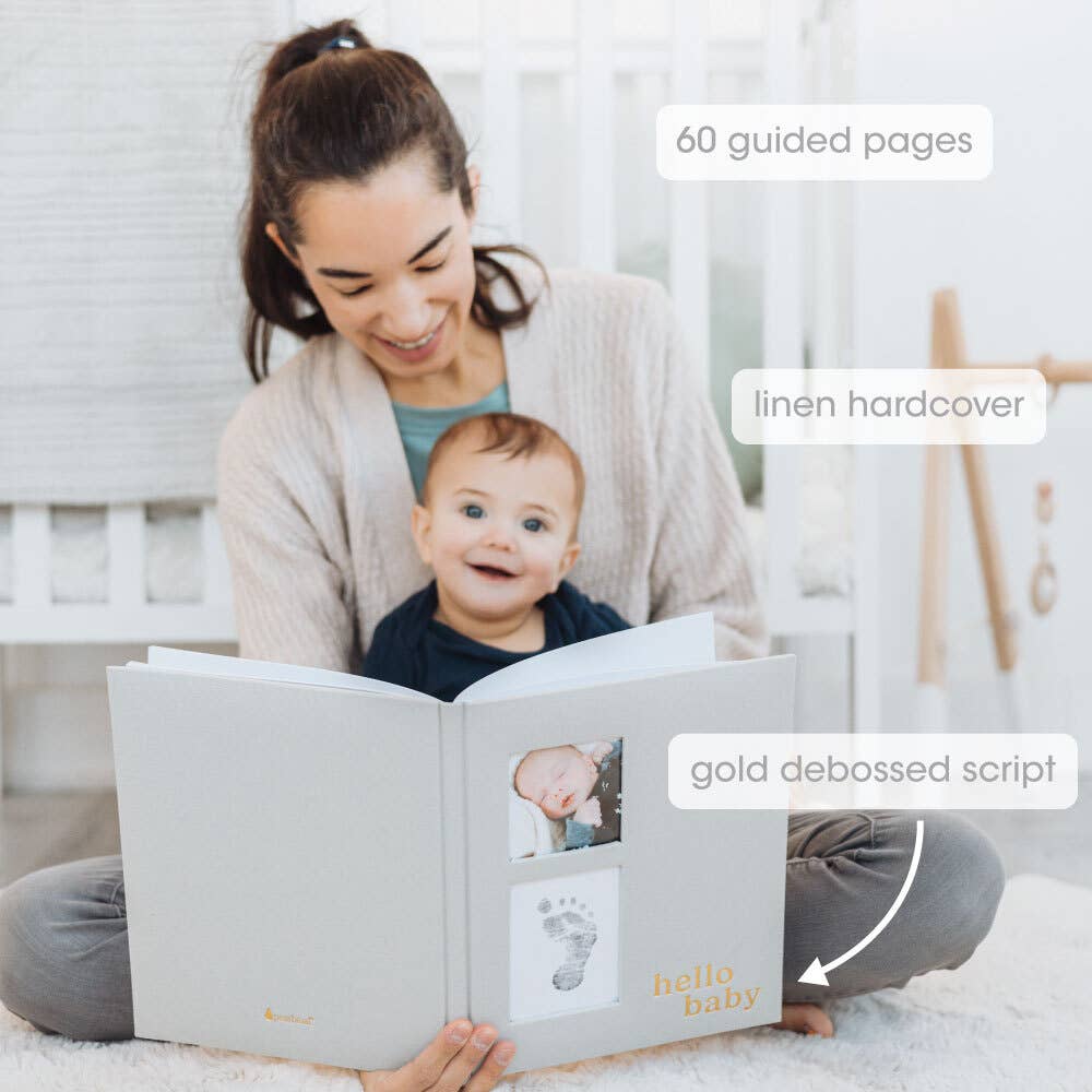 Hello Baby Gray Linen Baby Keepsake Book