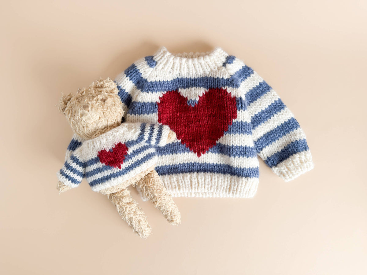 Stripe Big Heart Sweater Baby Blue Gift Fall Holiday Kid