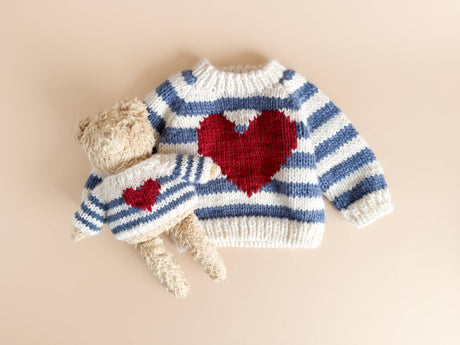 Stripe Big Heart Sweater Baby Blue Gift Fall Holiday Kid