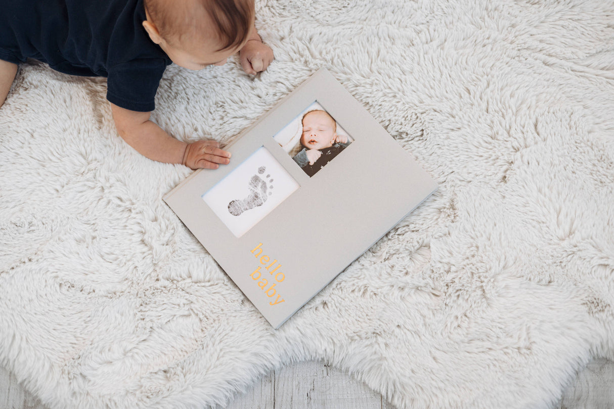 Hello Baby Gray Linen Baby Keepsake Book