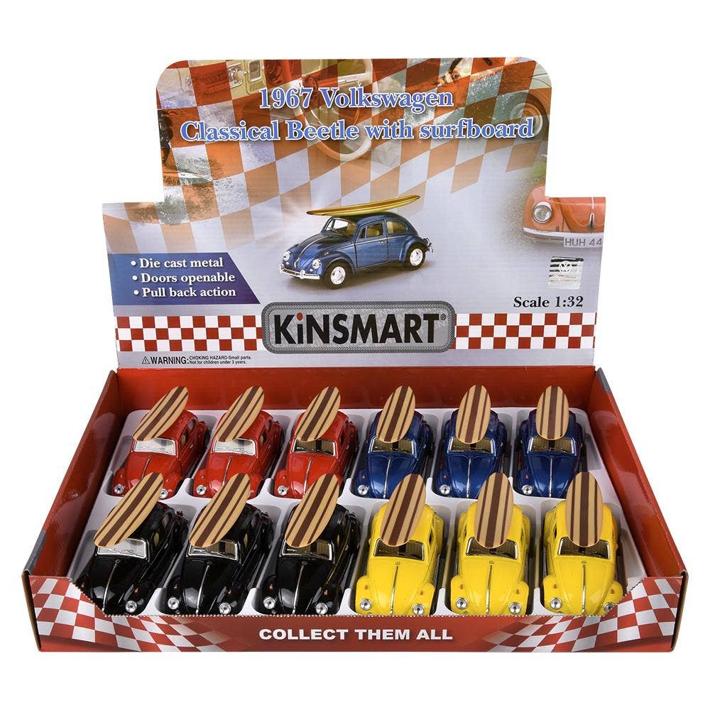 5" Diecast Pull Back 1967 VW Beetle/Surfboard  12/Disp