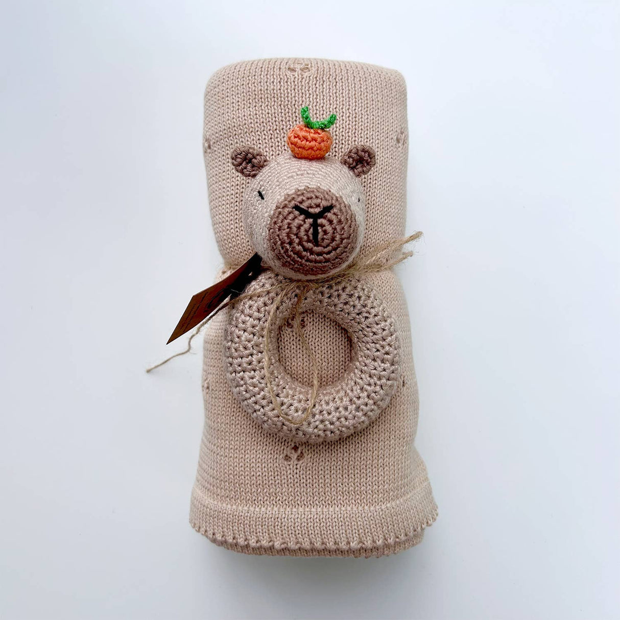 Organic Knit Baby Blanket - Tan (cloverleaf eyelet)
