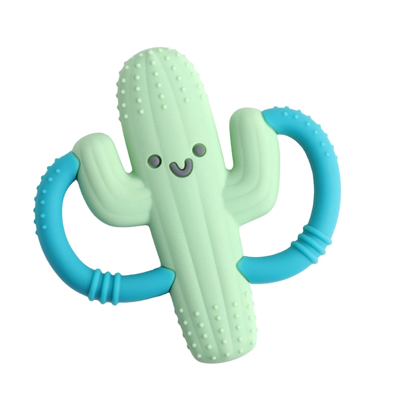 Three cactus-shaped chew toys with bumpy textures, designed to massage sore gums during teething. Made from food-grade silicone for safe infant oral exploration.