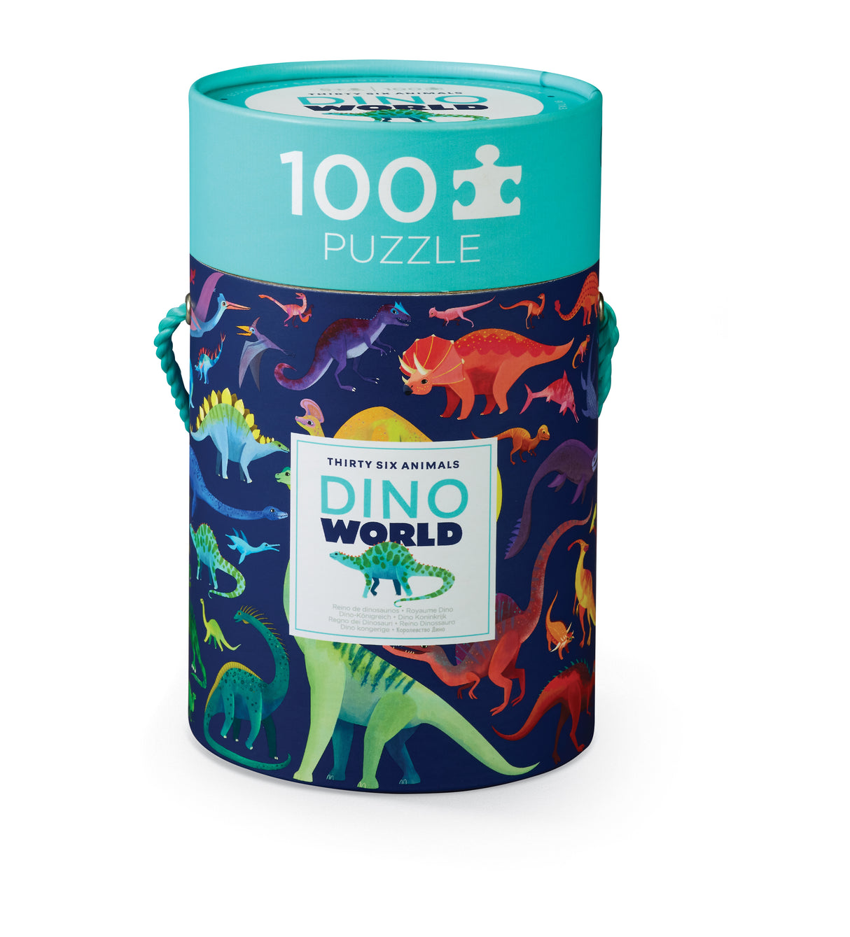 Colorful dinosaur-themed 100-piece jigsaw puzzle for kids ages 3-6. Thick cardboard pieces with prehistoric scenes, designed for educational play.