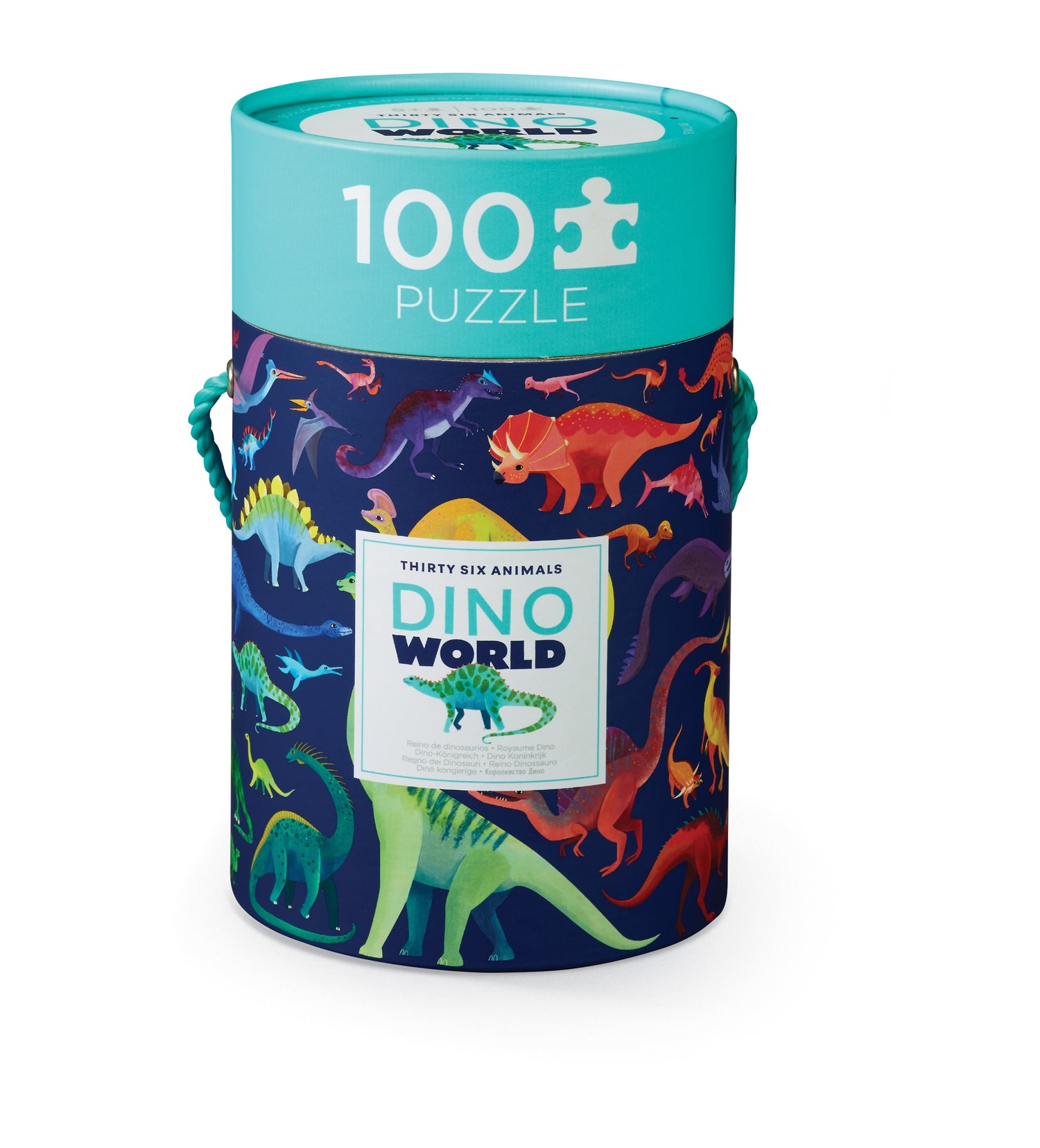 Colorful dinosaur-themed 100-piece jigsaw puzzle for kids ages 3-6. Thick cardboard pieces with prehistoric scenes, designed for educational play.