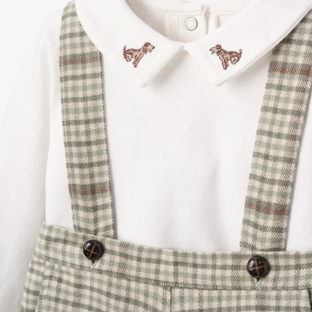 Embroidered Bodysuit + Heritage Plaid Suspender Shorts