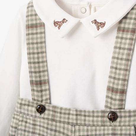 Embroidered Bodysuit + Heritage Plaid Suspender Shorts