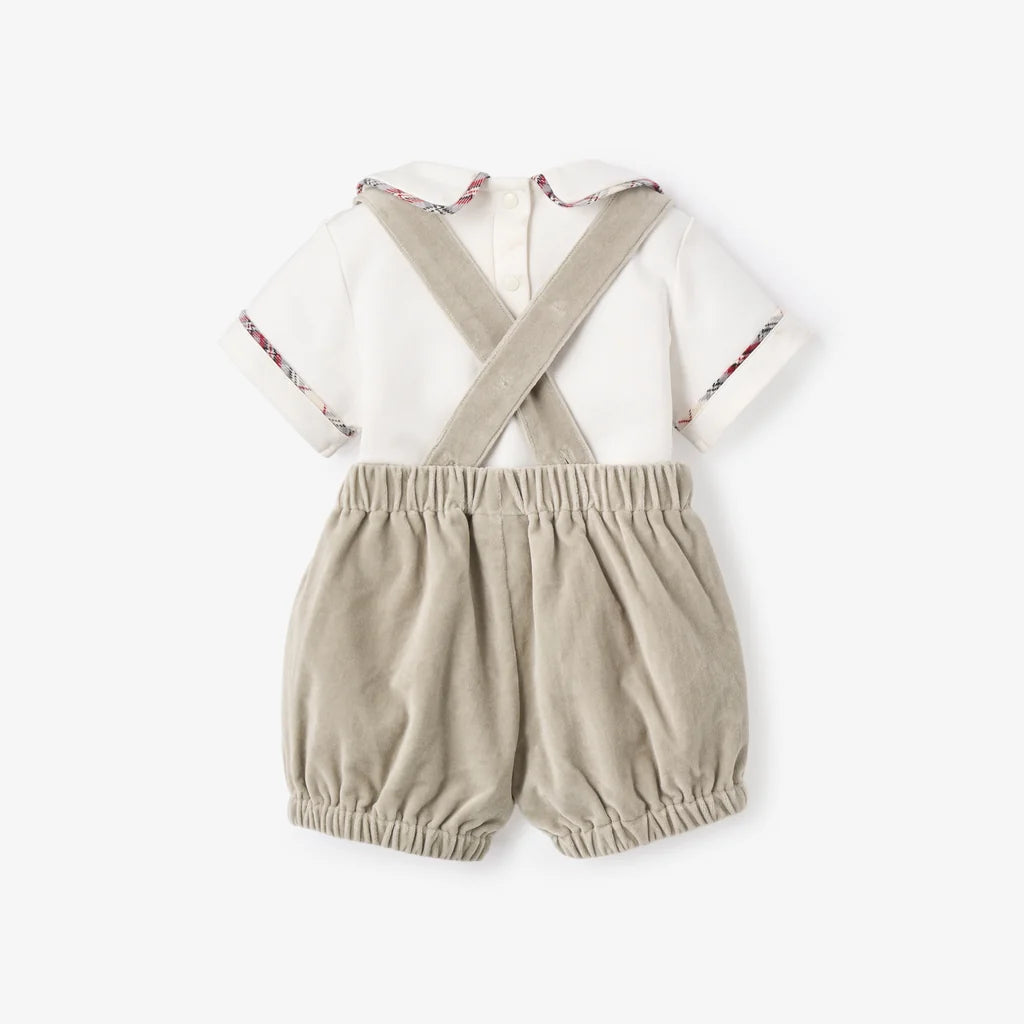 Gray Velveteen Suspender Shorts + Toy Soldier Embroidered Top