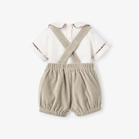 Gray Velveteen Suspender Shorts + Toy Soldier Embroidered Top