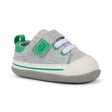 Children's gray sneakers with reinforced rubber toe caps, adjustable hook-and-loop straps, and air-mesh uppers. Flexible soles support active play while preventing slips.