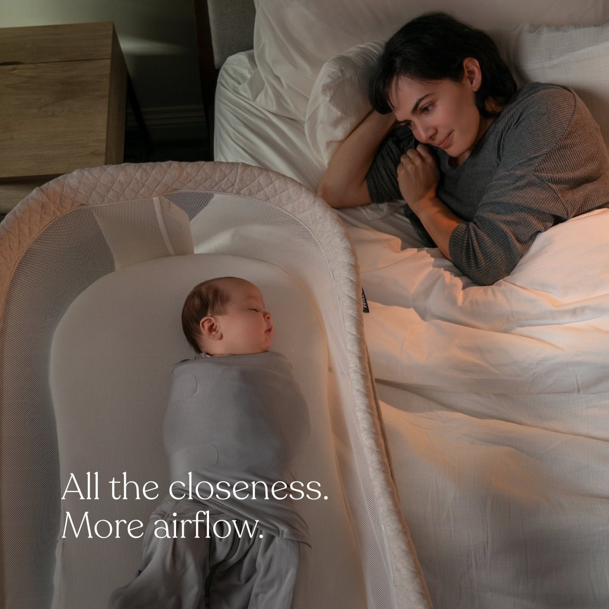 HALO BassiNest 4.0 Air bassinet with breathable mesh walls, lifestyle view