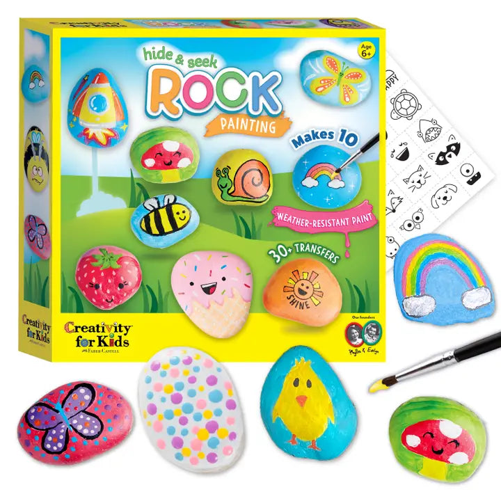 Hide & Seek themed rock painting DIY craft kit for kids, includes paints and brushes, encourages creativity and hands-on fun