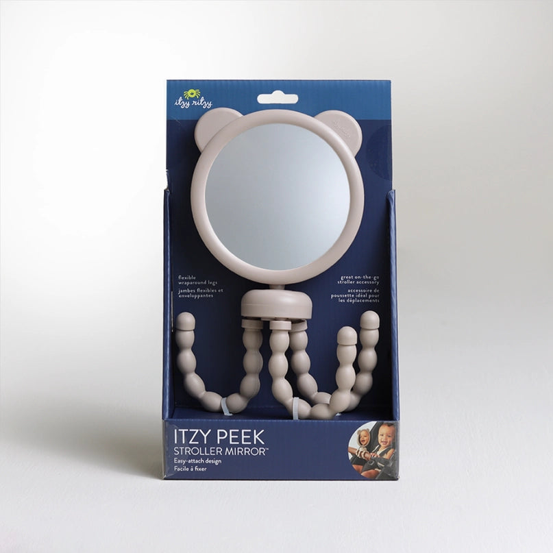 Curved baby stroller mirror with wraparound legs securely attached to handlebars, allowing parents to monitor their child’s face and the surrounding environment during walks. Adjustable angle for optimal rear-view visibility.