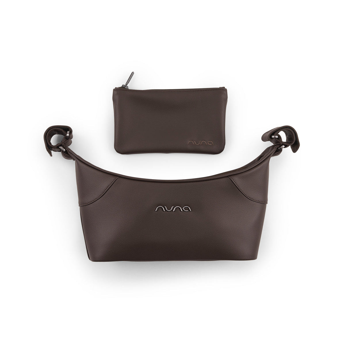 Nuna Leatherette Stroller Organizer in Cocoa, top down view
