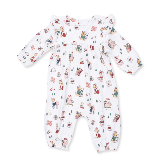 Winter Sports Dogs Pink - Ruffle Sleeve Snap Romper
