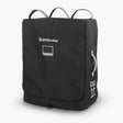 Durable luggage-grade travel bag with cushioned fabric protects Minu Duo strollers during flights. Features spinner wheels, collapsible storage, and front luggage tag pocket. Covered by TravelSafe Program and 4-year warranty for stress-free air travel.