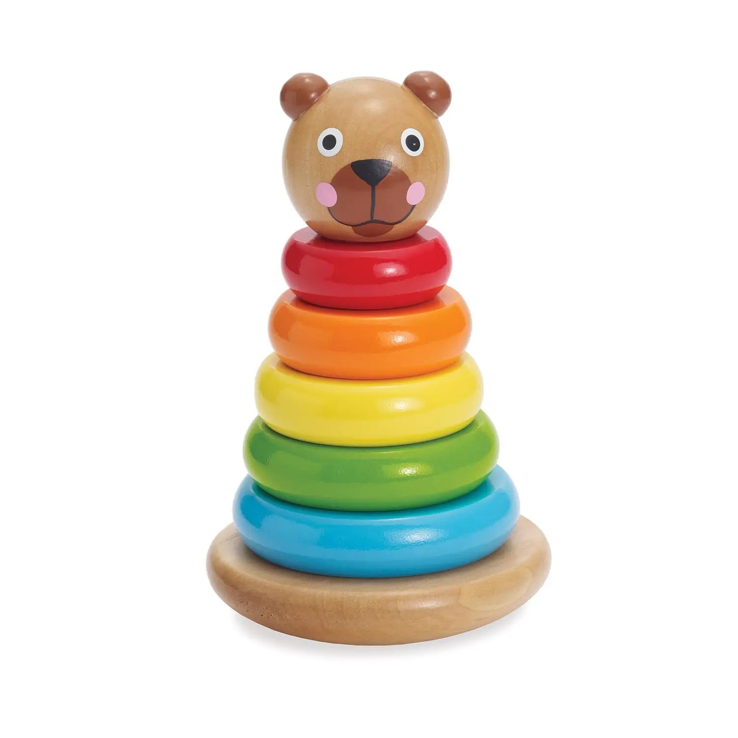 Wooden bear-shaped stacking toy with magnetic colorful disks. Wobble base challenges balance, develops fine motor skills for ages 1-3.