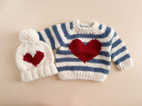 Stripe Big Heart Sweater Baby Blue Gift Fall Holiday Kid