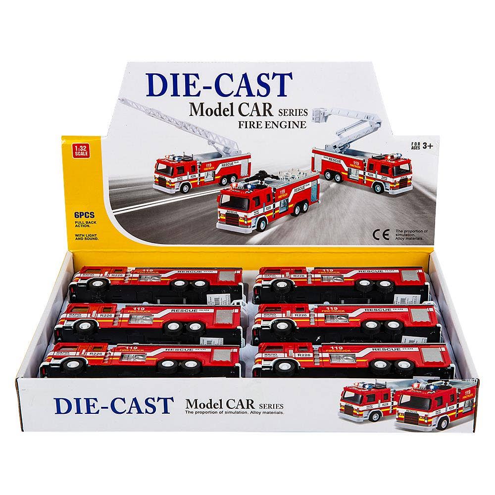 7" Diecast Pull Back Lgt/Sound Fire Engine 1:32 Scale