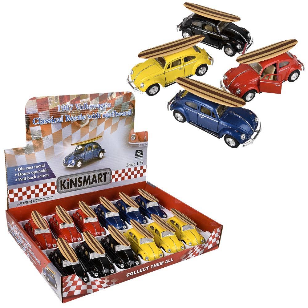 5" Diecast Pull Back 1967 VW Beetle/Surfboard  12/Disp
