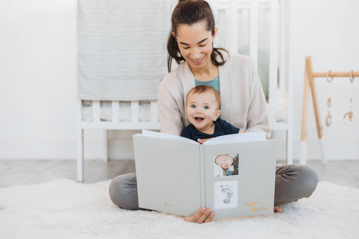 Hello Baby Gray Linen Baby Keepsake Book