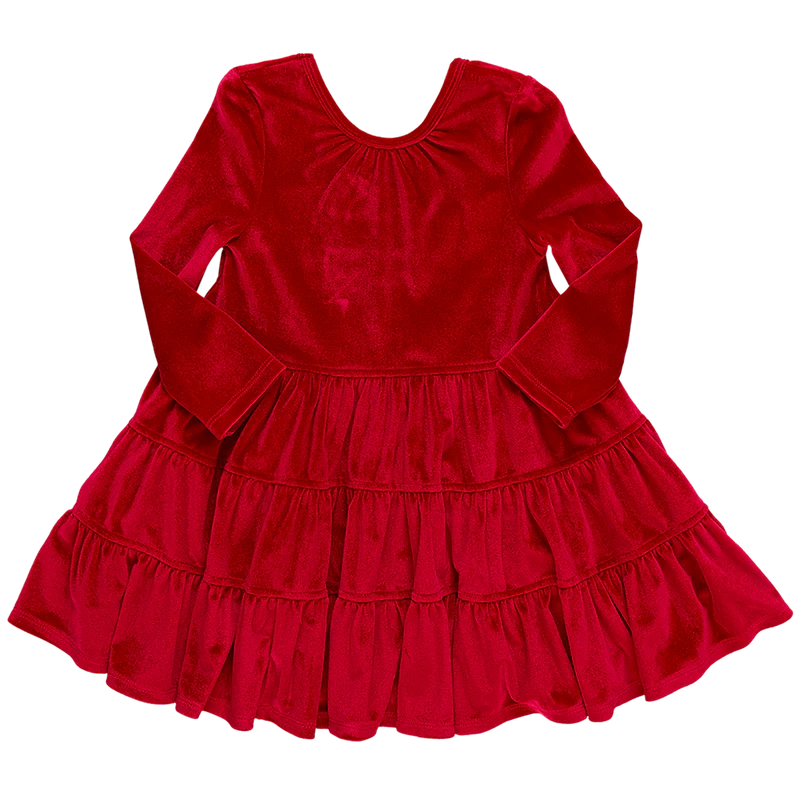 Girls Velour Pearl Dress - Red