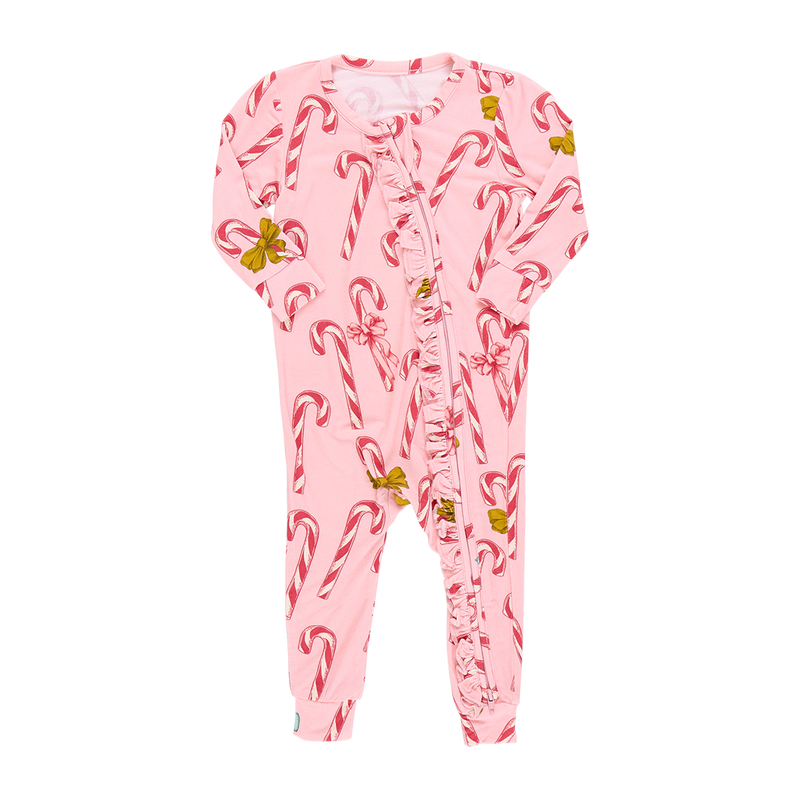 Baby Girls Bamboo Ruffle Romper - Pink Candy Cane Lane