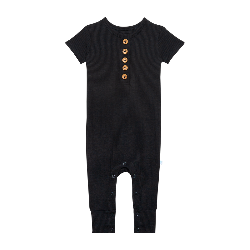 Solid Ribbed - Black - Short Sleeve Henley Romper