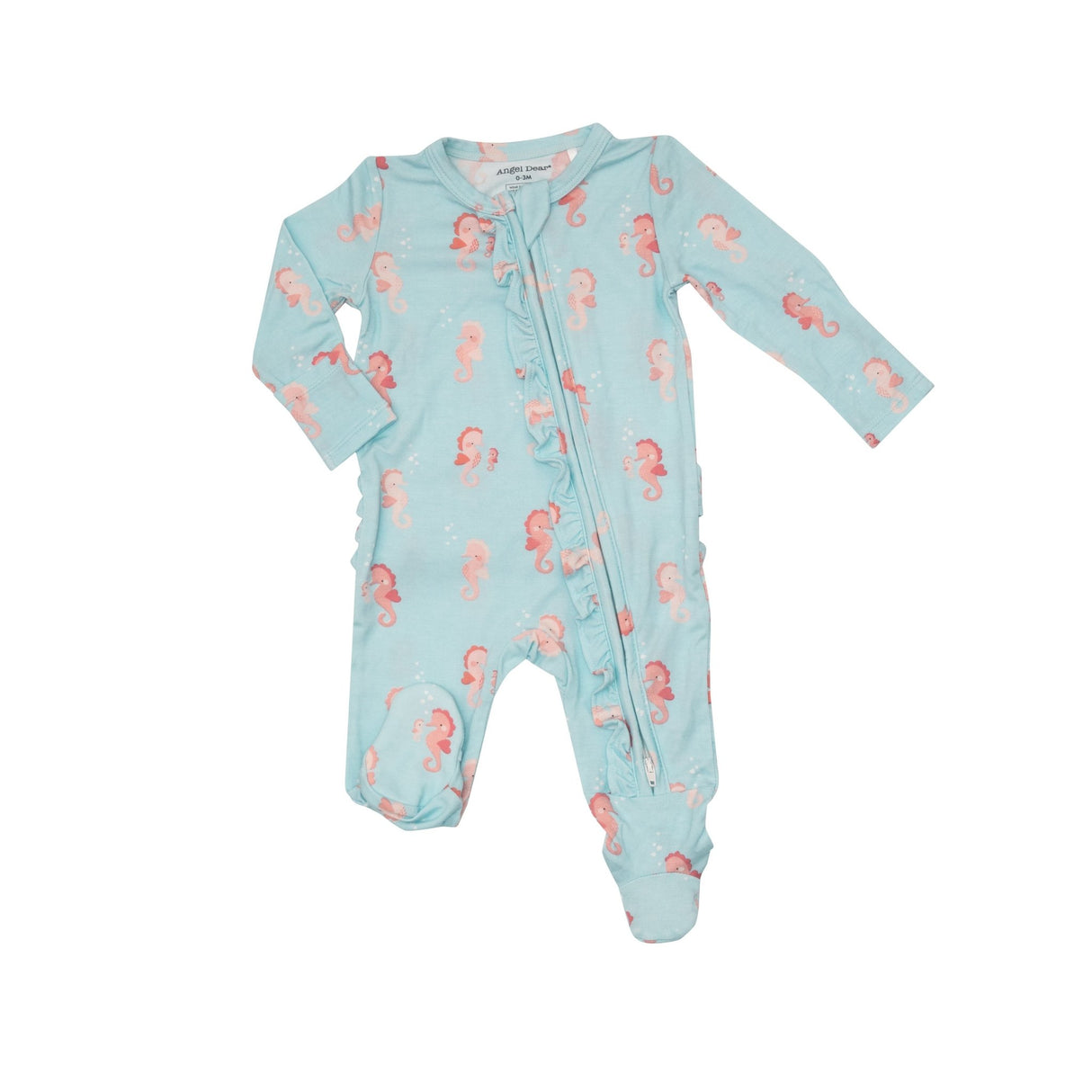 2-way Ruffle Back Zipper Footie BABY PINK SEAHORSES - Tadpole