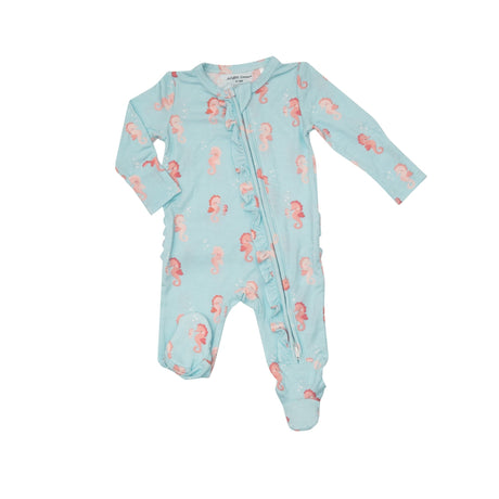 2-way Ruffle Back Zipper Footie BABY PINK SEAHORSES - Tadpole