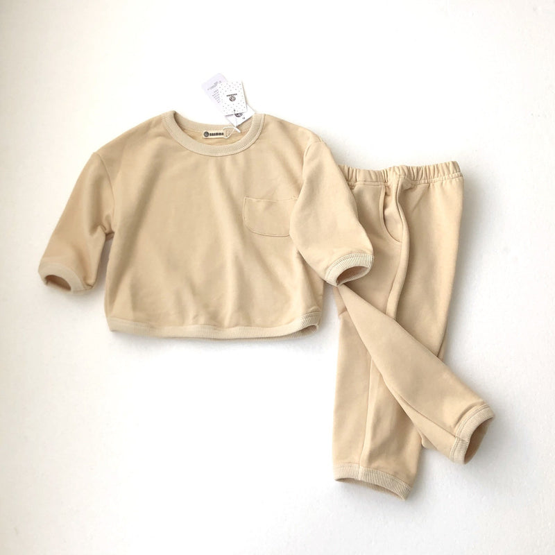 Beige Crewneck Pocket Sweater & Pant Set - Tadpole