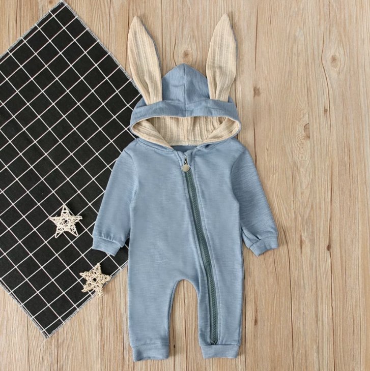 Blue Bunny Hooded Zipper Romper - Tadpole