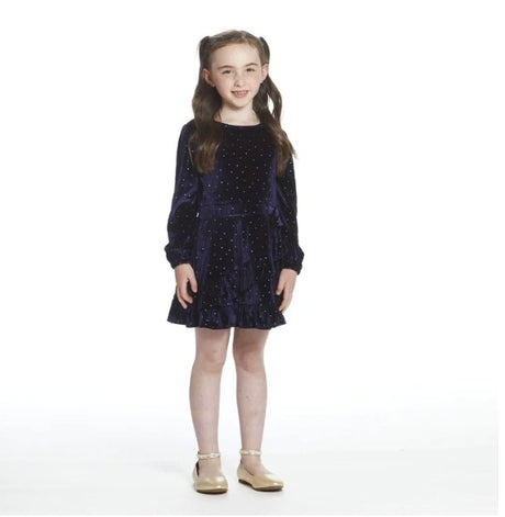 Girls Navy Velvet Faux Wrap Dress - Tadpole