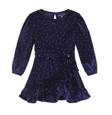 Girls Navy Velvet Faux Wrap Dress - Tadpole