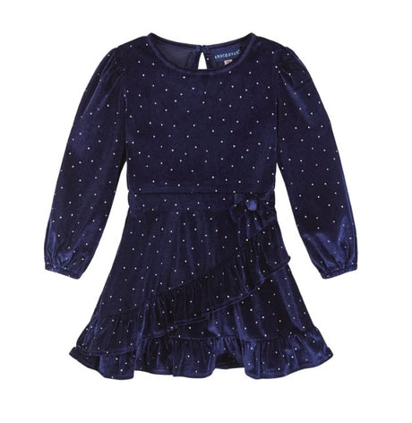 Girls Navy Velvet Faux Wrap Dress - Tadpole