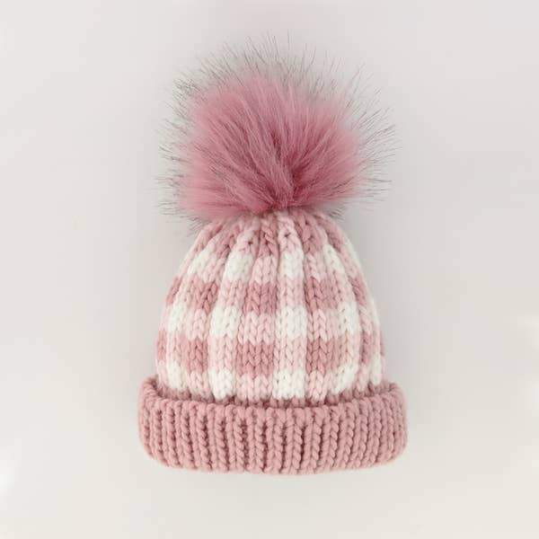 Huggalugs Rosy Pink Buffalo Check Pom Pom Beanie Hat - Tadpole