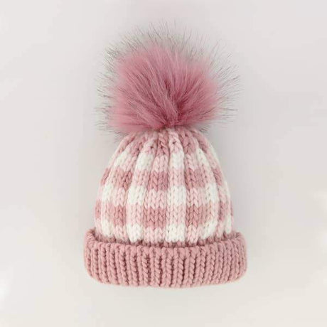 Huggalugs Rosy Pink Buffalo Check Pom Pom Beanie Hat - Tadpole